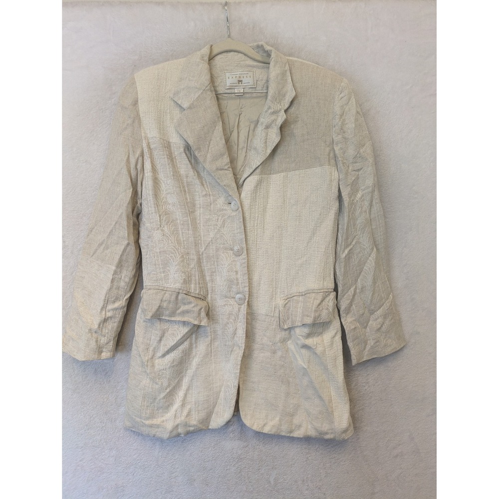 Express Blazer Women's S Beige Vintage‎ Patchwork Linen Blend Textured Collared